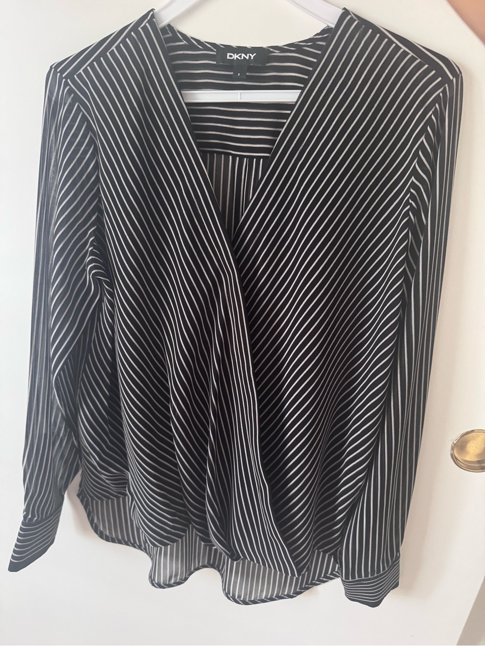 DKNY Black and White Striped Wrap-Style Blouse